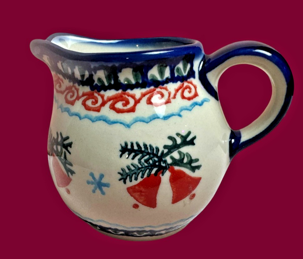 Vintage Boleslawiec Polish Pottery Christmas Creamer Pitcher Bells Folk Art 3”